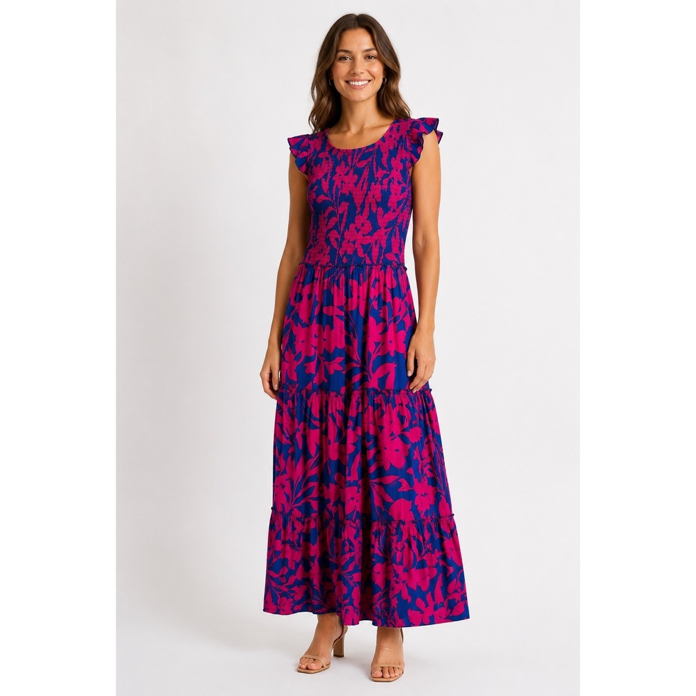 Abel the Label Pink Blue‎ Floral Smocked Tiered Maxi Dress Small Flutter Sleeve